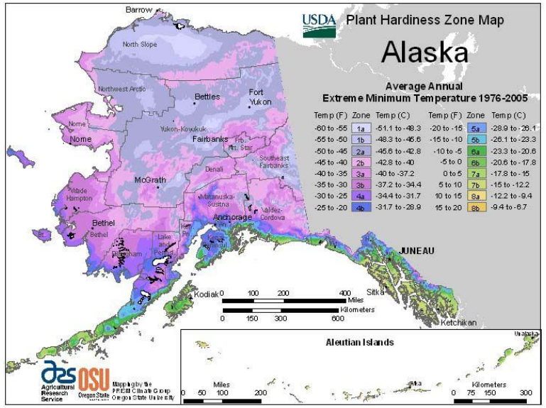 A map of Alaska indicating USDA Plant Hardiness Zones by color variation. Much of Northern and central Alaska consists of growing zones 1a to 2b, with coastal regions 2b to 4a and Southeast Alaska contains zones ranging from 4a to 7b.