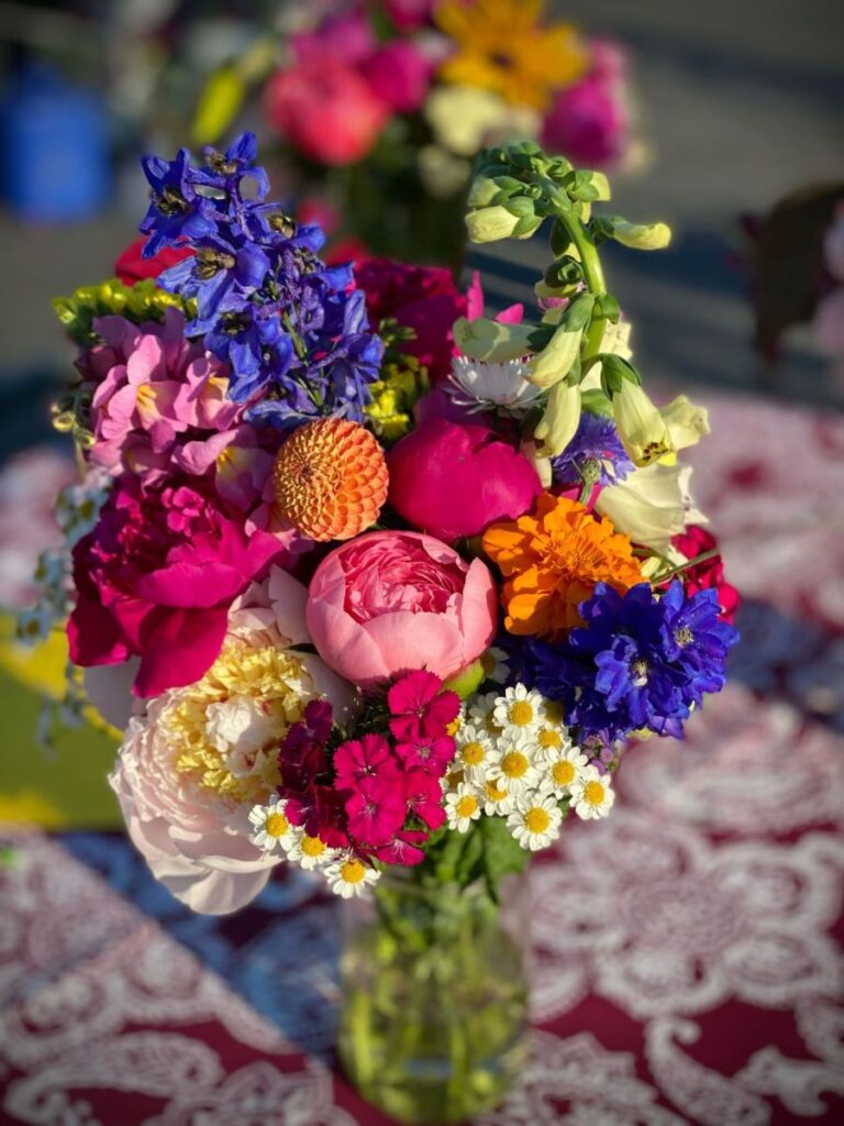 boquet of peonies, zinnias, delphiniums