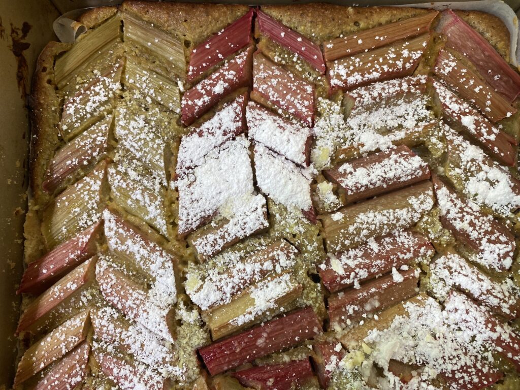 rhubarb in chevron pattern with powdered sugar on top in picnic bar