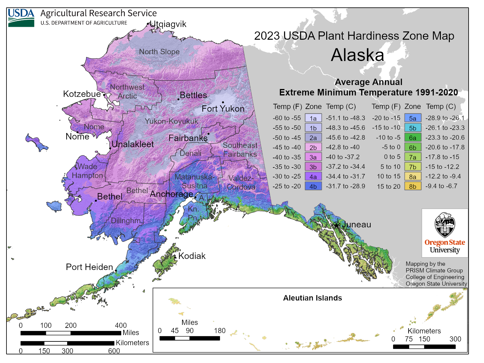 map of Alaska shaded with different colors according to zone hardiness